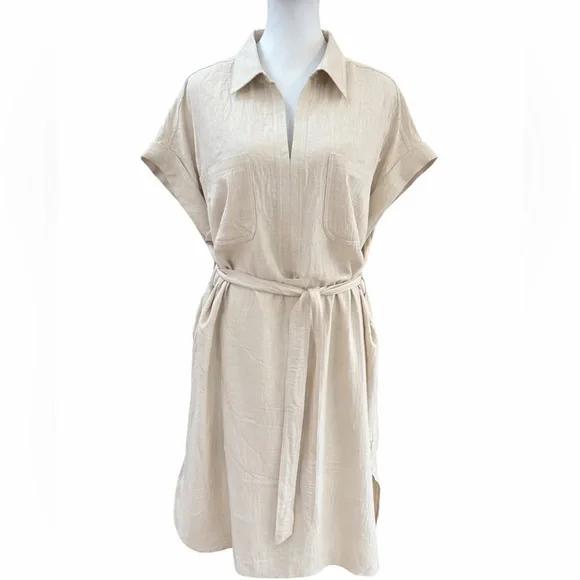 Max Studio Belted Shirt Dress Beige Linen Look Short Sleeve XL NWT - Picture 1 of 9